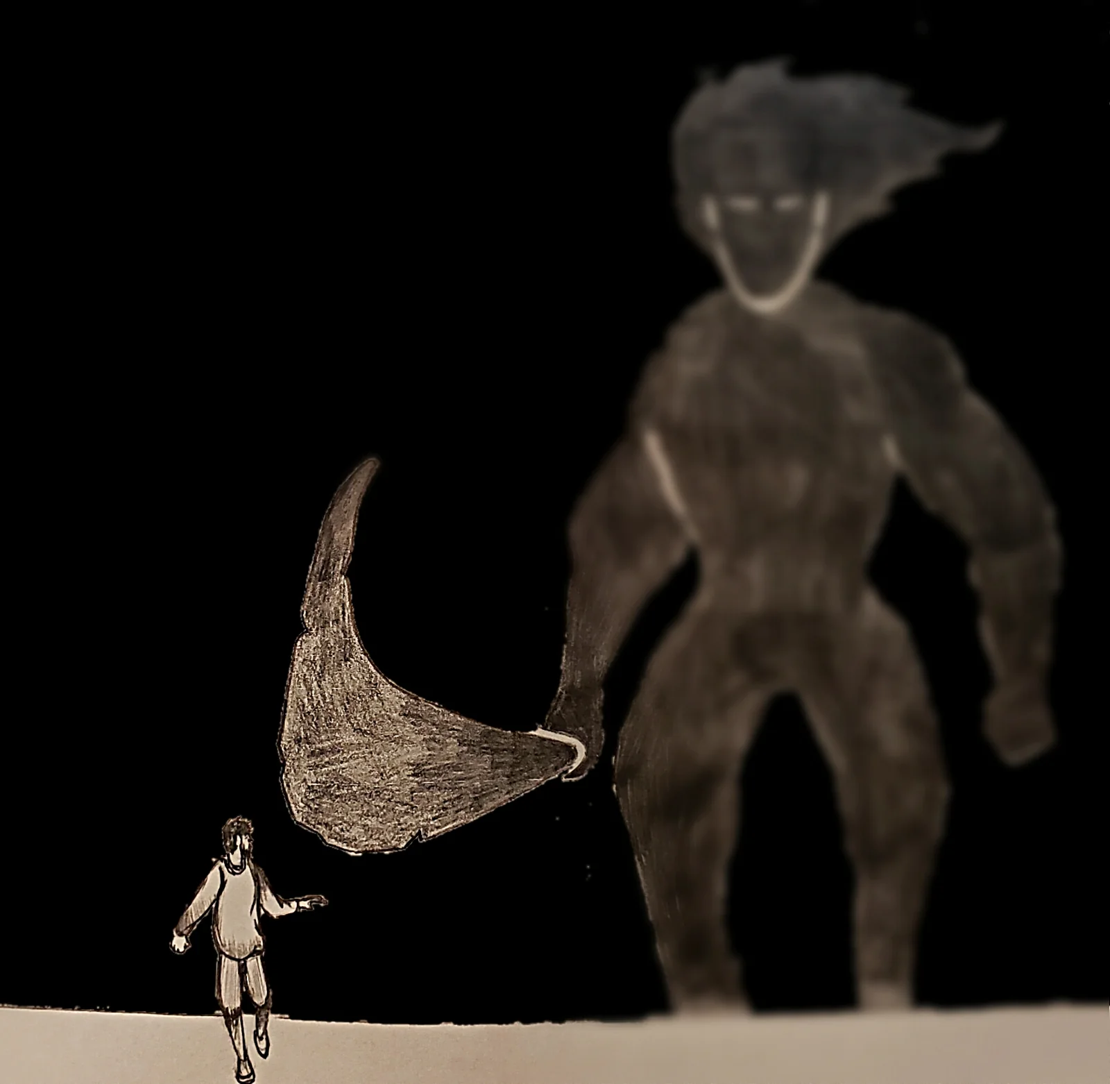 Drawing of a small boy holding a scythe-like horn facing a towering shadowed figure