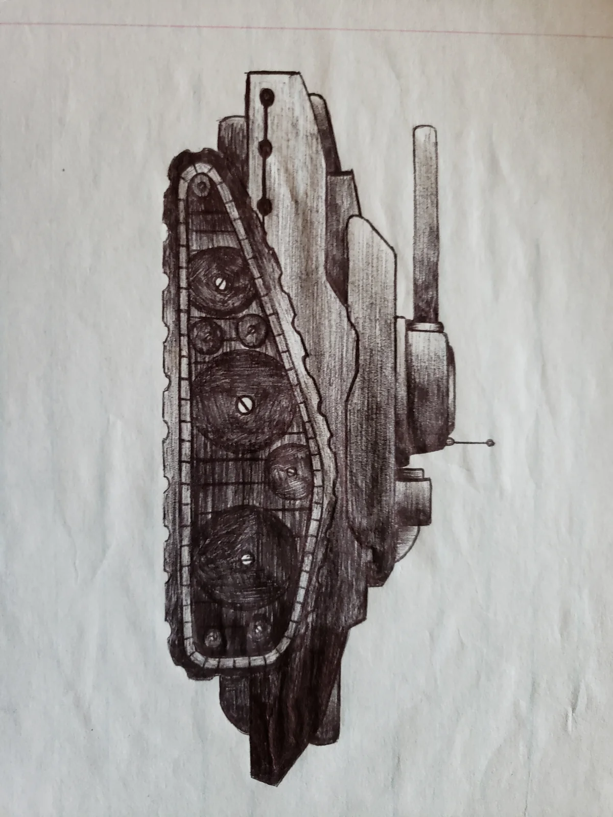 Detailed ballpoint drawing of an imagined mechanical device with gears and belts