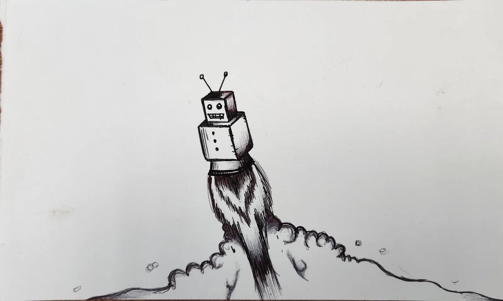 Pen drawing of a small robot blasting off on a rocket trail