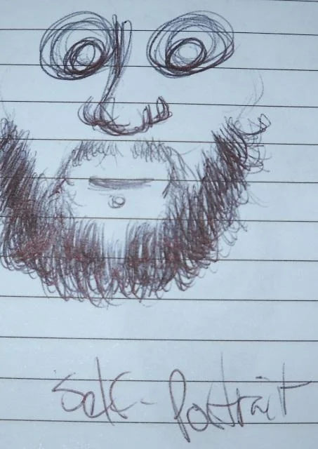 Notebook page sketch of a bearded face, labeled Self-Portrait