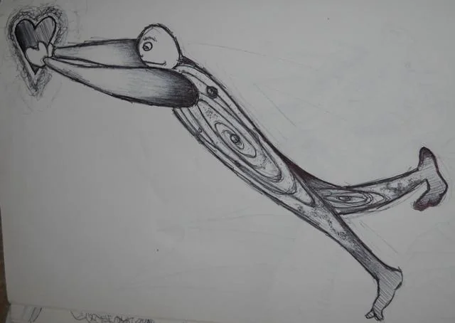 Pencil drawing of a creature made of ribbon-like limbs reaching for a heart