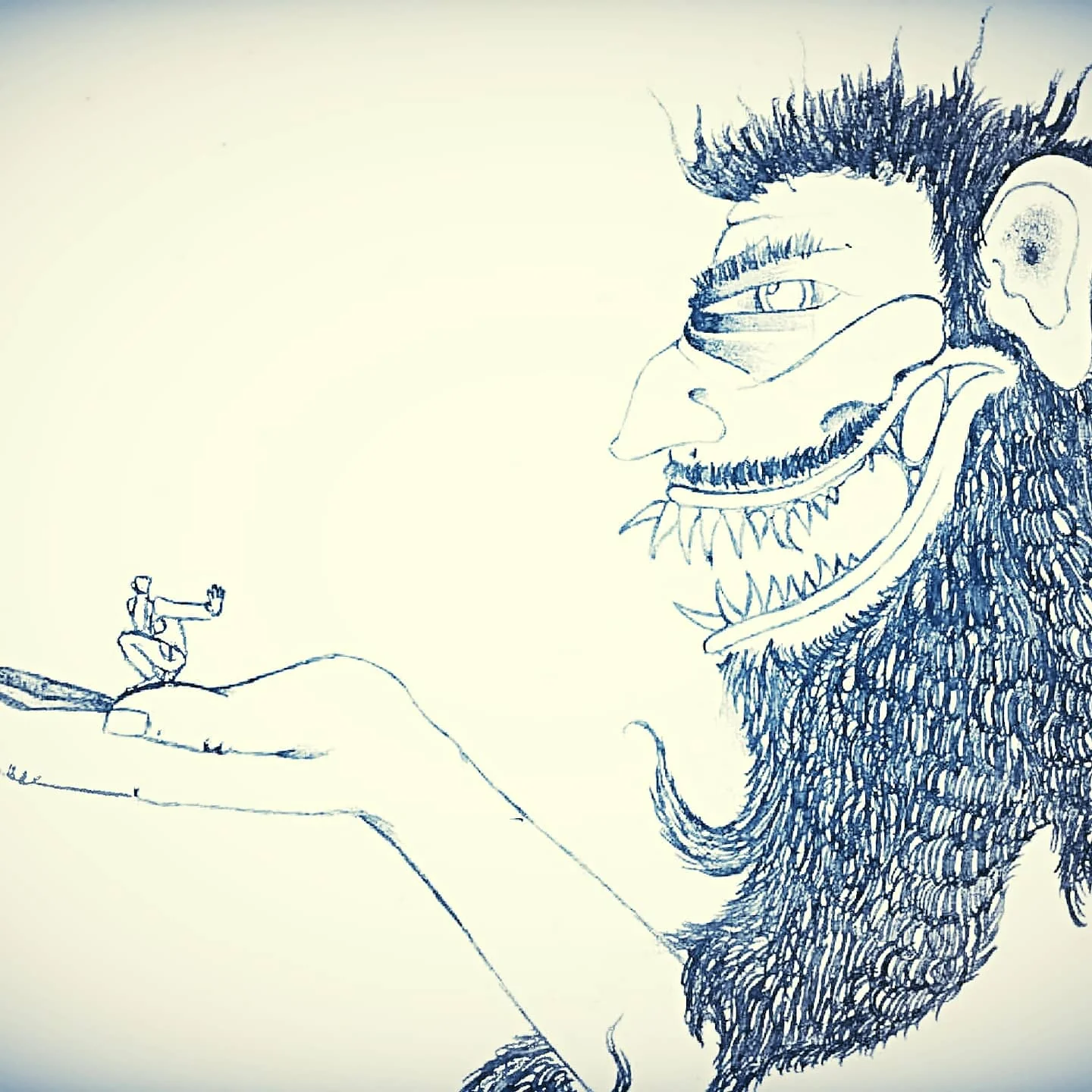 Ink drawing of a huge bearded fanged face looking down at a tiny figure standing in its own open hand