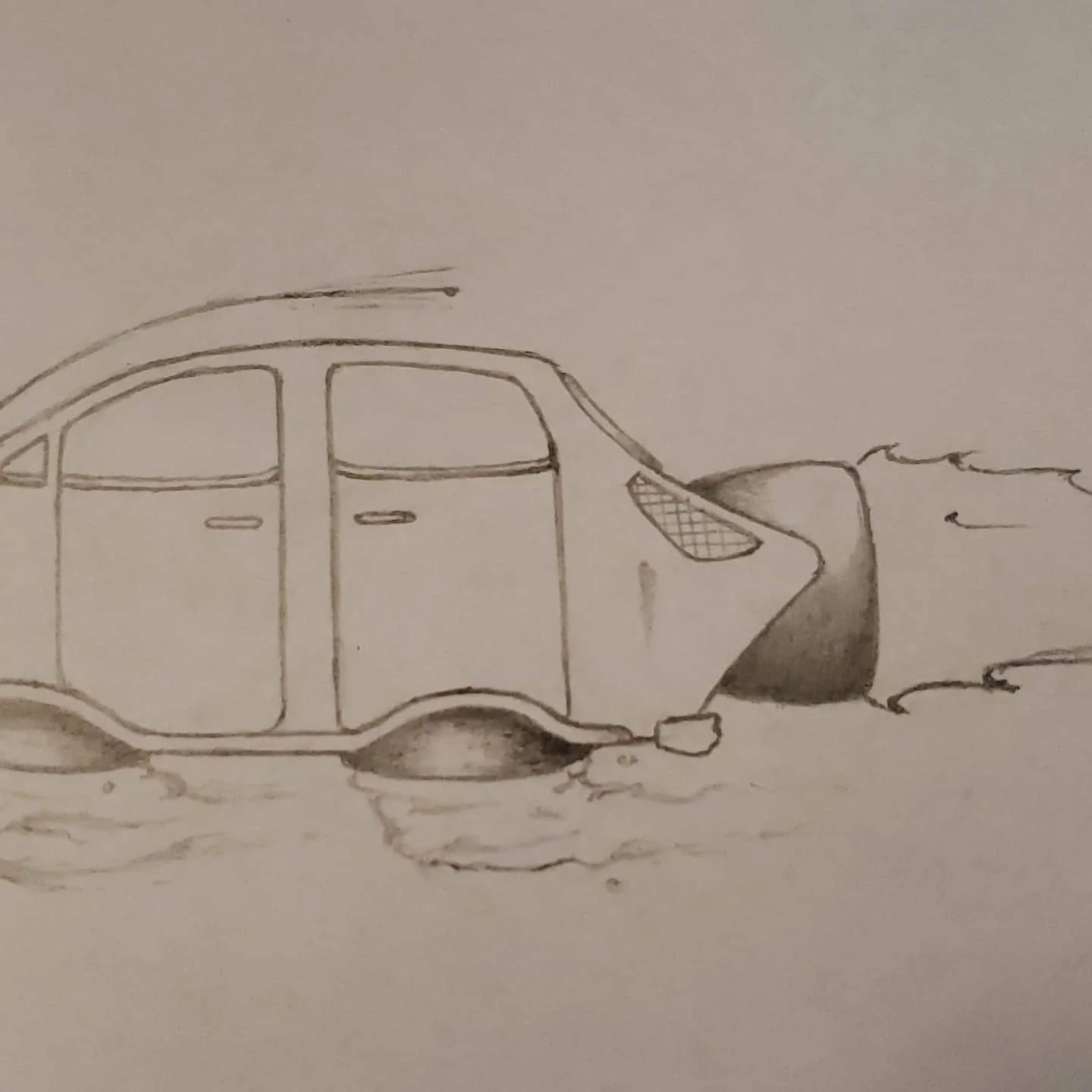 Pencil drawing of a car half-submerged in water
